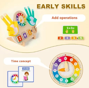 Tablero Didáctico de Madera 2 en 1 | Reloj, Sumas y Manos Articuladas