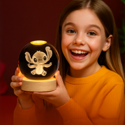 Lámpara Mágica de Cristal 3D Stitch | Luz de Noche LED con Base de Madera