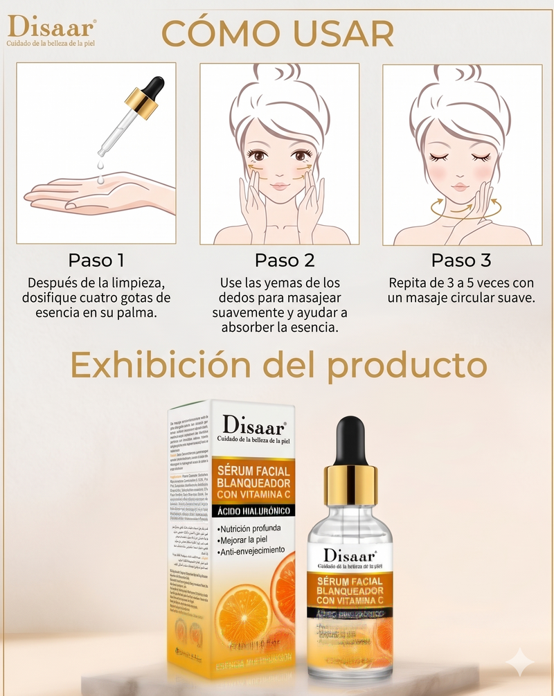 Sérum Facial Vitamina C + Ácido Hialurónico Disaar 30ml | Iluminación y Efecto Anti-Arrugas